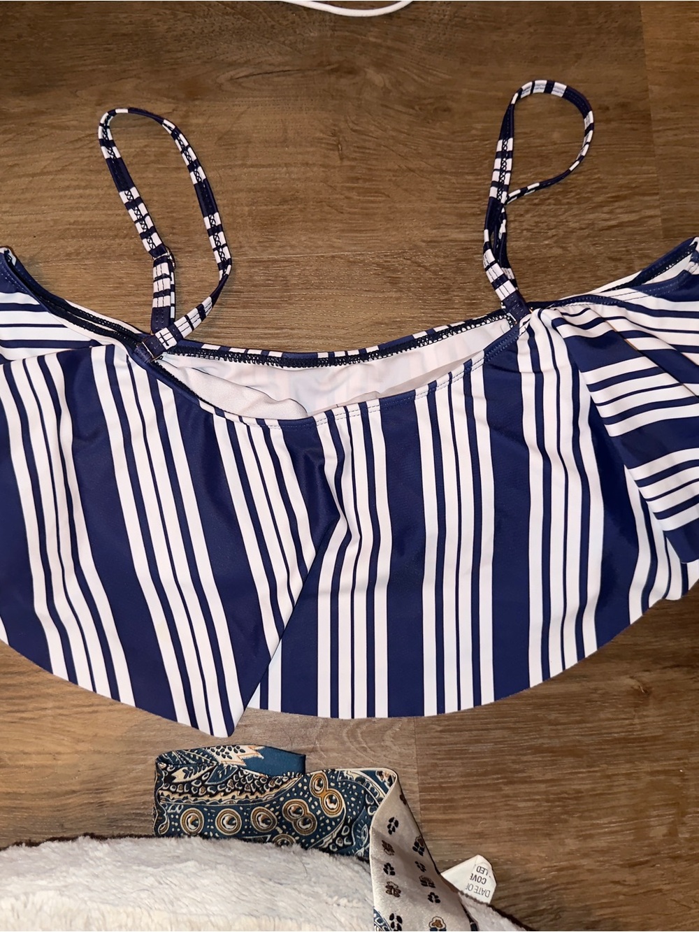 Navy and White Off the Shoulder Striped Bikini Top